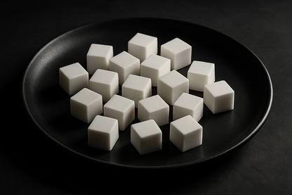 bunch of white cubes on black dinner plate
